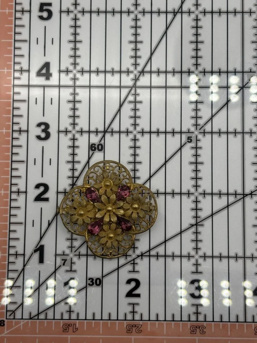 Vintage Czech Filigree Brooch Gold Tone Teardrop Pink Rhinestones Trombone Clasp